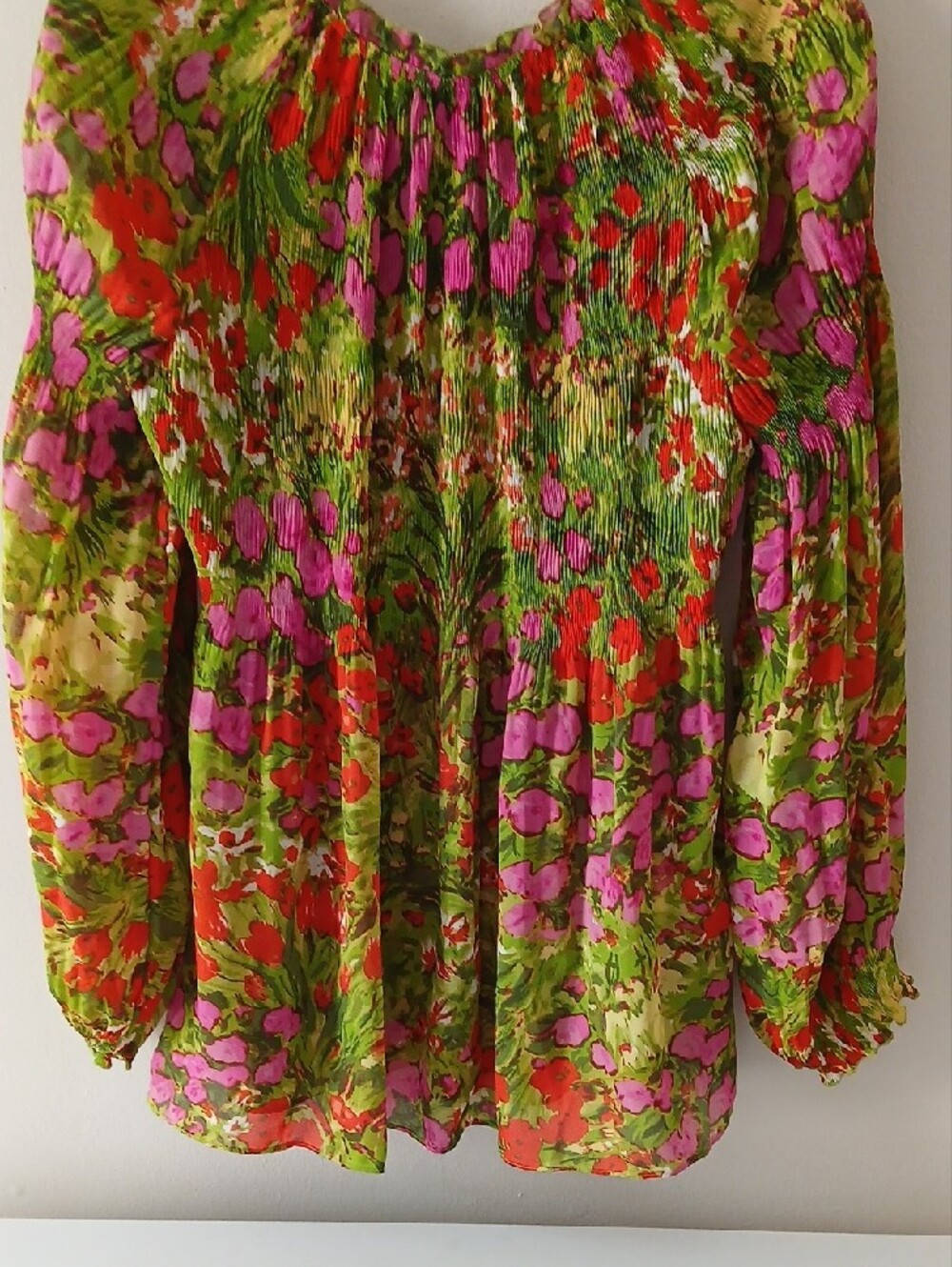 Sunny Leigh Bright Floral Smocked Peasant Blouse in Green, Pink & Red - Picture 5 of 5